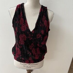 NWT WHBM top, black and deep pink, sleeveless, pleated fabric, XS